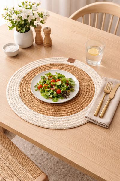 Halımax Alice Jute Straw-Textured Round Supla Reversible Washable Placemat Wh...
