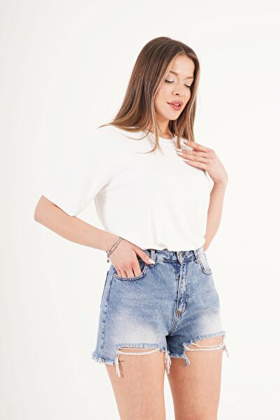Hipo Trend Curved High Waist Distressed Jean Shorts