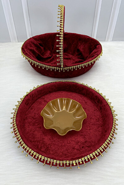 ZEYMERADE صينية وسلة ليلة الزفاف باللون العنابي، فاخرة ولامعة مرصّع بالأحجار ...