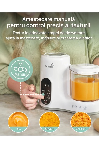 GROWNSY Aparat de gătit pentru bebeluși cu coș de gătit la abur, blender și sterilizator fără BPA -