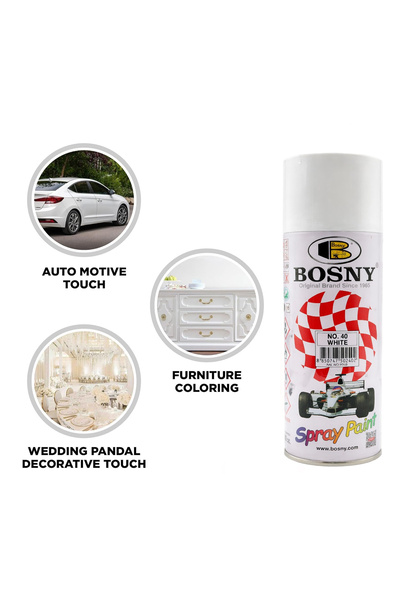 Bosny White Spray Paint No.40 for Metal, Wood & Walls, Quick Dry, High Gloss Finish