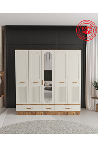 Teen & Bright PERA 5 KAPAKLI ÇEKMECELİ BAZALI GARDIROP - TAMAMI MDF