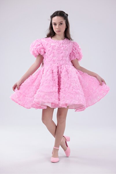 EYLÜL ELİF BUTİK Κοριτσίστικο 3D Rose Με σχέδιο Ροζ Φόρεμα Πριγκίπισσας