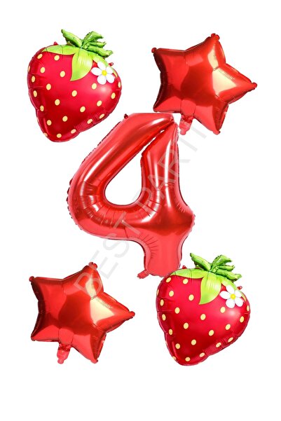 BEST PARTİ Strawberry Themed Birthday Foil Balloon Set Age-4