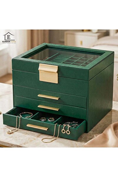 Elindor ® Jewelry Box with Lid, 4-Level Organizer, 3 Drawers, 23×20×16 cm, Da...