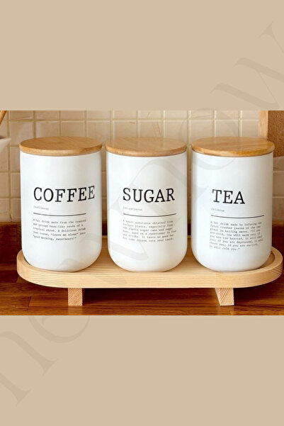 moontime alaçatı 3'lü Bambu Kapaklı Kavanoz Seti, Şugar, Coffee, Tea, Şekerli...