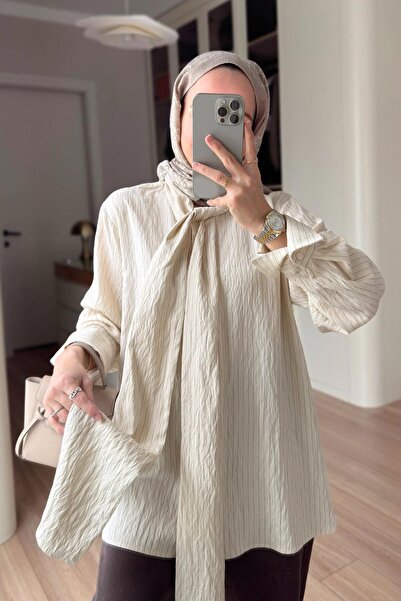 Ka Hijab Košulja sa šal ovratnikom Prugasto - bež