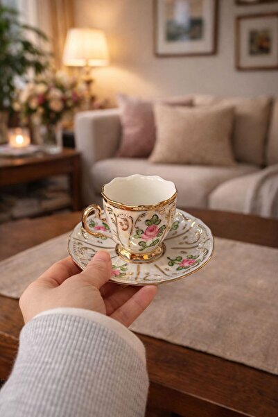 BY.RAYKA PORSELEN El Dekor ROYAL 6 LI PORSELEN EL BOYAMA KAHVE FİNCAN TAKIMI