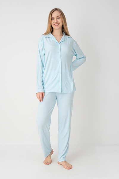 Moon Line Astra Rib Knit Long Sleeve Buttoned Shirt Collar Women's Pajama Set