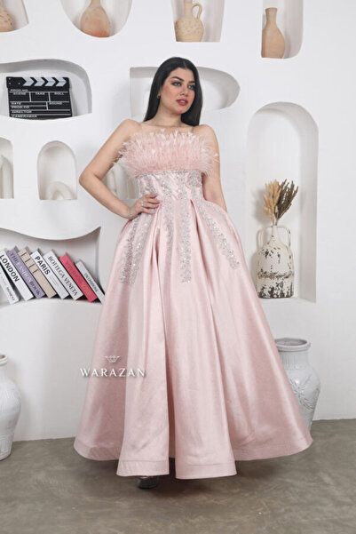 Warazan Evening Gown Top Dress with Feathers and Embroidery