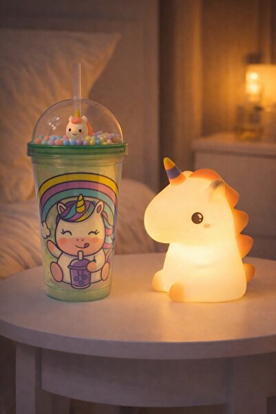 Lexi Bella 2'Li Set Işıklı Renkli Unicorn Figürlü Gece Lambası & Pipetli Bonc...