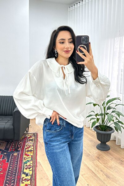 Hipo Trend Yaka Tie-Detail Drapey White Blouse