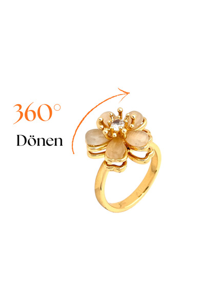 Siya Silver Çelik Dönen Ayarlanabilir Zirkon Taşlı Papatya Stres Yüzüğü