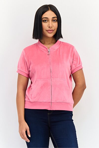 Juicy Couture Women Baseball Collar Brand Logo Short Sleeves Sweatshirt, Pink