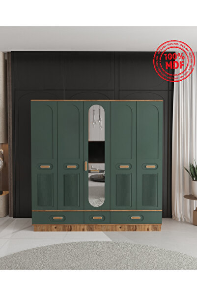 Teen & Bright PERA 5 KAPAKLI ÇEKMECELİ BAZALI GARDIROP - TAMAMI MDF