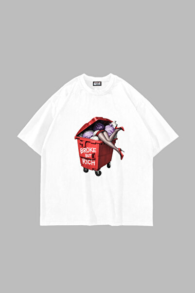 Bak Moda Tricou alb unisex supradimensionat cu imprimeu „Broke But Rich”