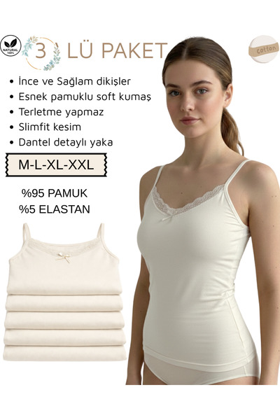 UN REAL 3-Piece Women's Cotton Piece Lace Piece Undershirt with Rope Straps E...