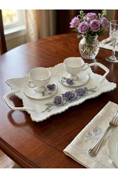 ACAR Azuri Porselen Tepsili 2 Kişilik El Yapımı Fincan Takımı-Mor TKEBT TEK RENK