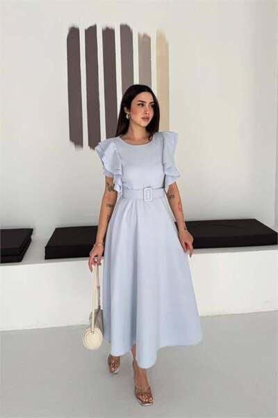 Dipmoda Rochie de damă baby blue detaliu la curea cu mâneci cu volane lungime...