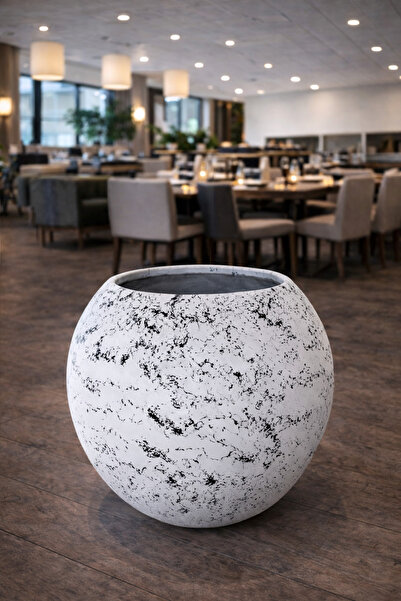 Royal Marble Beyaz Mermer Desenli Fiberglass Lüks Küre Saksı – İç & Dış Mekan