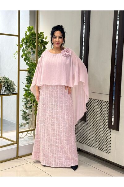 live forever Büyük Beden Uzun Abiye Elbise Şifon Pelerinli Çiçek Detaylı Dant...