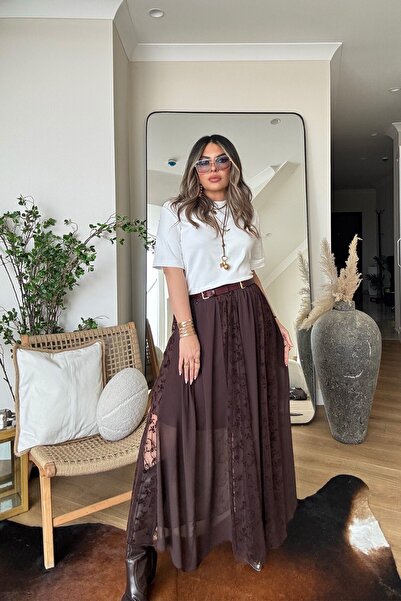 Sohotique By P Chiffon Floral Embossed Flared Skirt Brown