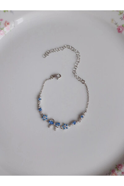 Reorah Collection Çiçekli Kurdelalı Mavi Aurielle Bow 925 Gümüş Bileklik