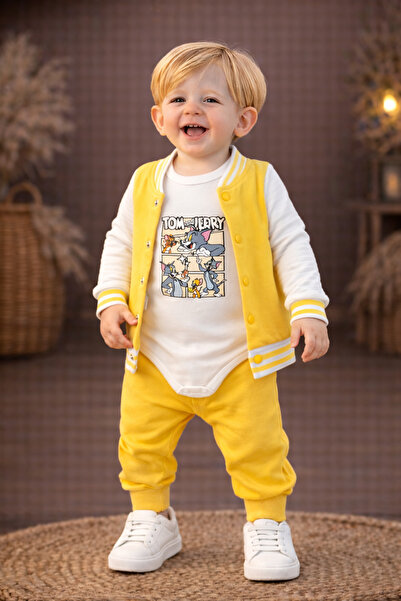 Chicsy Baby Erkek Bebek 3’lü Eşofman Takımı Çıtçıtlı Body Baskılı Hırka Sarı ...