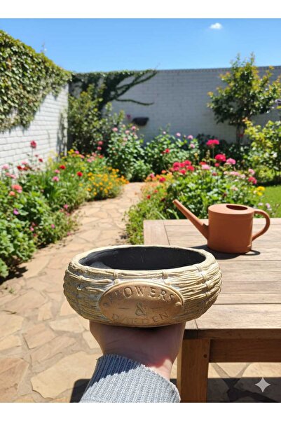Lades Flowers & Garden Hasır Görünümlü Dekoratif Oval Beton Saksı - Küçük Boy...
