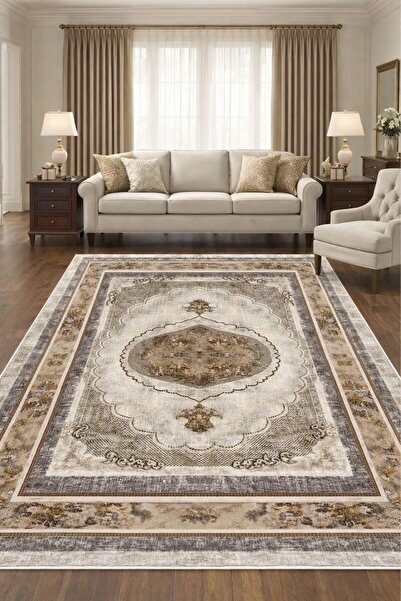 GNL HOME Gold Gri Klasik Desenli Dijital Baskı,Kaymaz Taban, Yıkanabilir Salo...