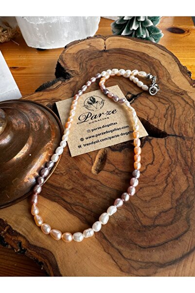 parze doğaltaş Salmon and White Pearl String Necklace