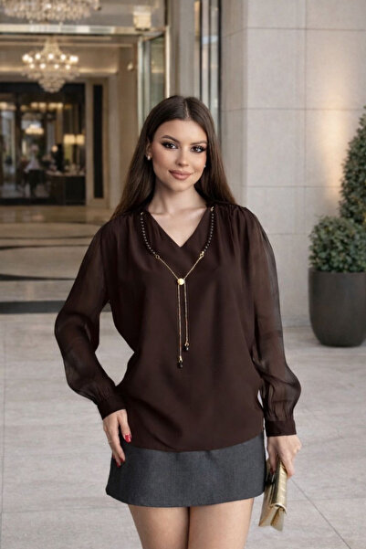 sunfyre Bluză din șifon pentru femei cu decolteu în V și cu încrețituri umeri...