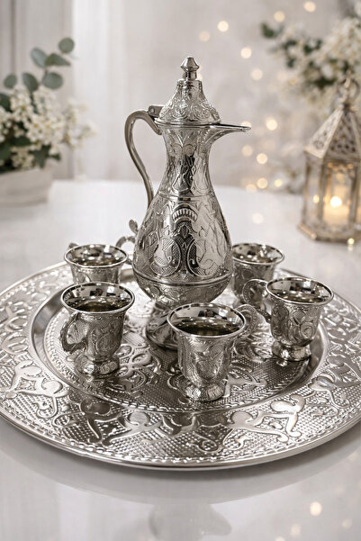 RASHA COLLECTION Lüks Gümüş Zemzem Takımı – 6 Kişilik Osmanlı Motifli Tepsili...