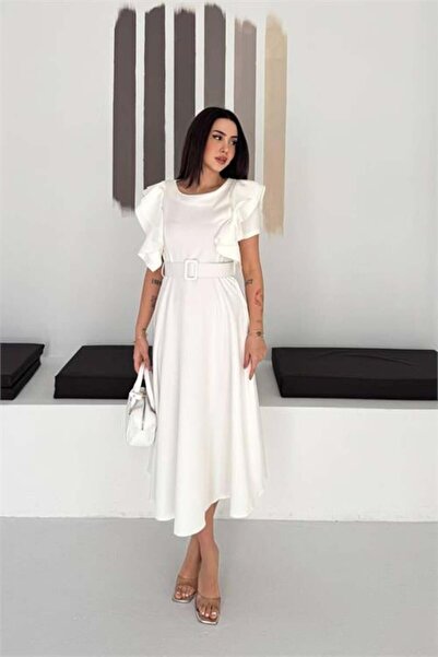 Dipmoda Women's White Belt Detail Sleeve Ruffle Midi Length Dress Dpk4559