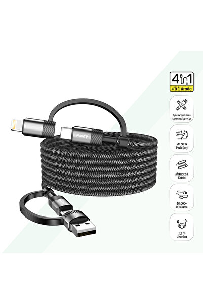 Hızlı Şarj Kablosu 4 in 1 | USB-A/C to Type-C/Lightning, 60W, 1.2m, Manyetik (Siyah-V0201007)