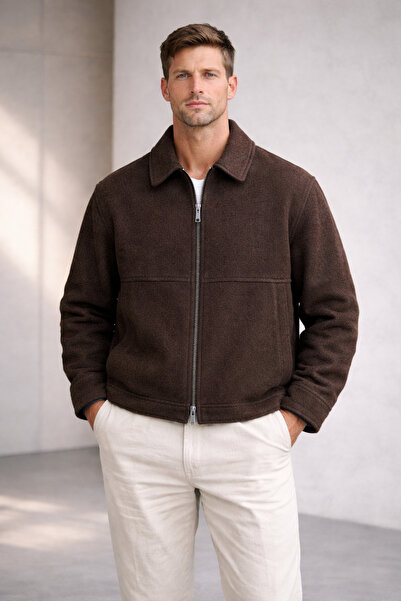 çerme Jachetă maro cu fermoar Fishback texturat Premium pentru bărbați