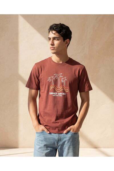 REDTAG Men Brown Graphic Crew Neck T-Shirt