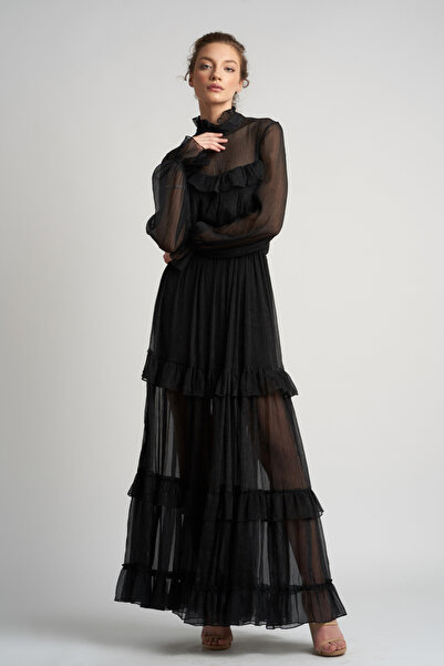 Monarh Design Μακρύ φόρεμα με βολάν και ψηλό γιακά - XS-S