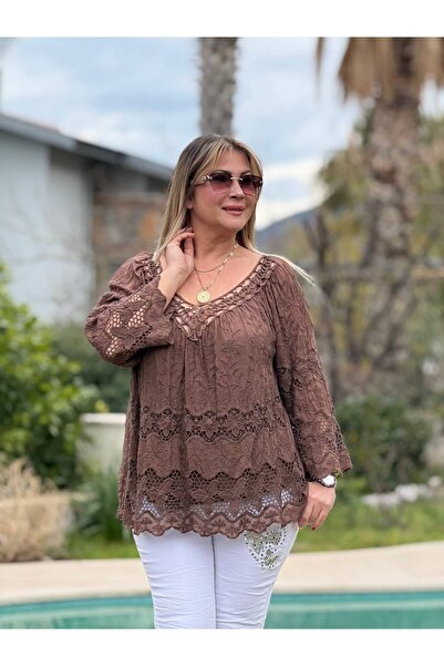 Punta Otantik Nc9459 Guipure Lace Collar Detail Italian İ Silk Luz Coffee