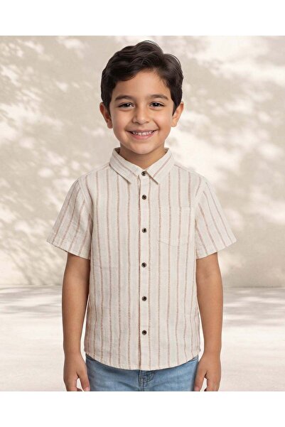 REDTAG Boys Beige Dobby Short Sleeve Shirt