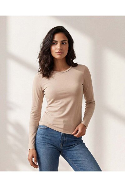 REDTAG تيشيرت نسائي بيج بأكمام طويلة ورقبة دائرية