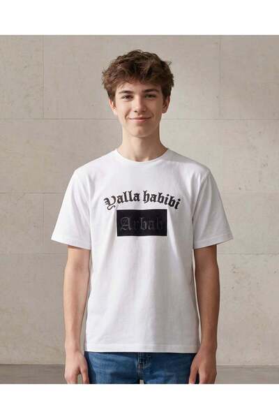 REDTAG Senior Boys White Yalla Shabab Oversized T Shirt