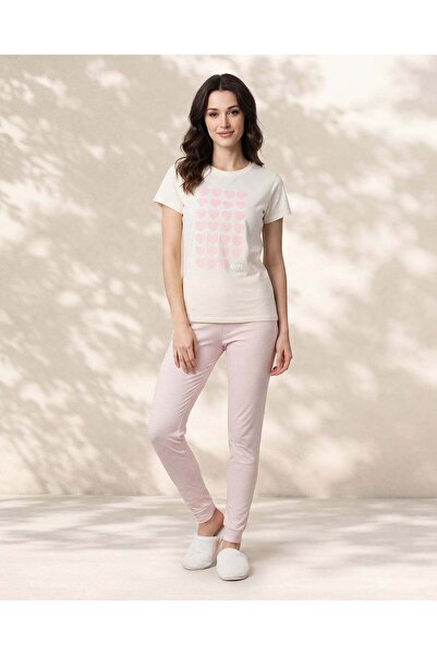 REDTAG Women Beige And Pink Printed 2 Piece Pyjama Set