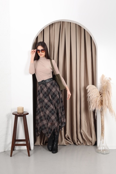 YEK&BİR Plaid Asymmetric Chiffon Nare Skirt