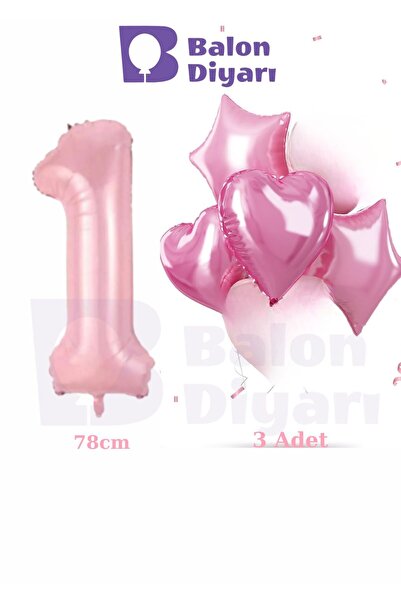 BALON DİYARI 1 Year Old Pink Girls Special Birthday 3-Piece Heart Star Foil B...