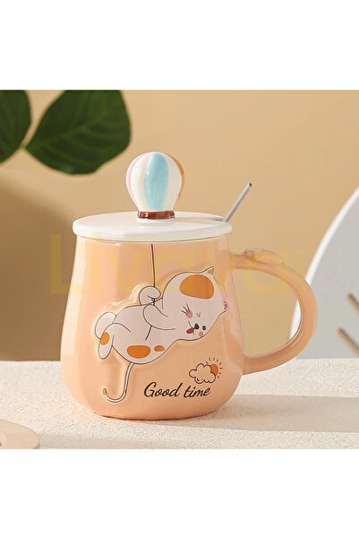 Livava 3D Balloon Handle Cute Cat Lid Ceramic Mug Special Design Coffee Cup w...