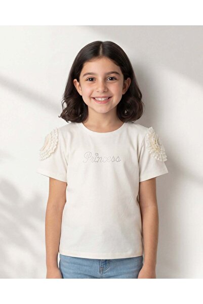 REDTAG تيشيرت أبيض للبنات مزين بأزهار ثلاثية الأبعاد على الكم