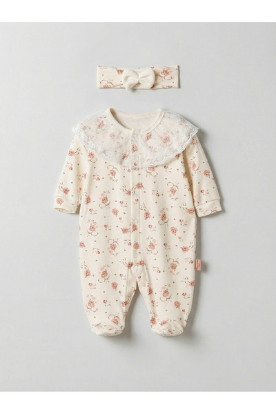 Pamuş Moda Baby Çiçek Desenli Dantelli Yaka %100 Pamuk Kız Bebek Tulum Set 0-...