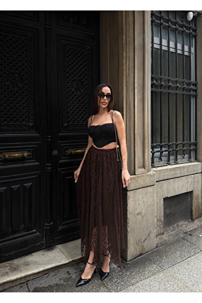 Fav Style Women's High Waist Lace Detailed Maxi Skirt Brown
