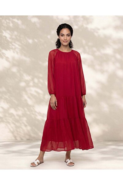 REDTAG Women Burgundy Plain Tiered Dress